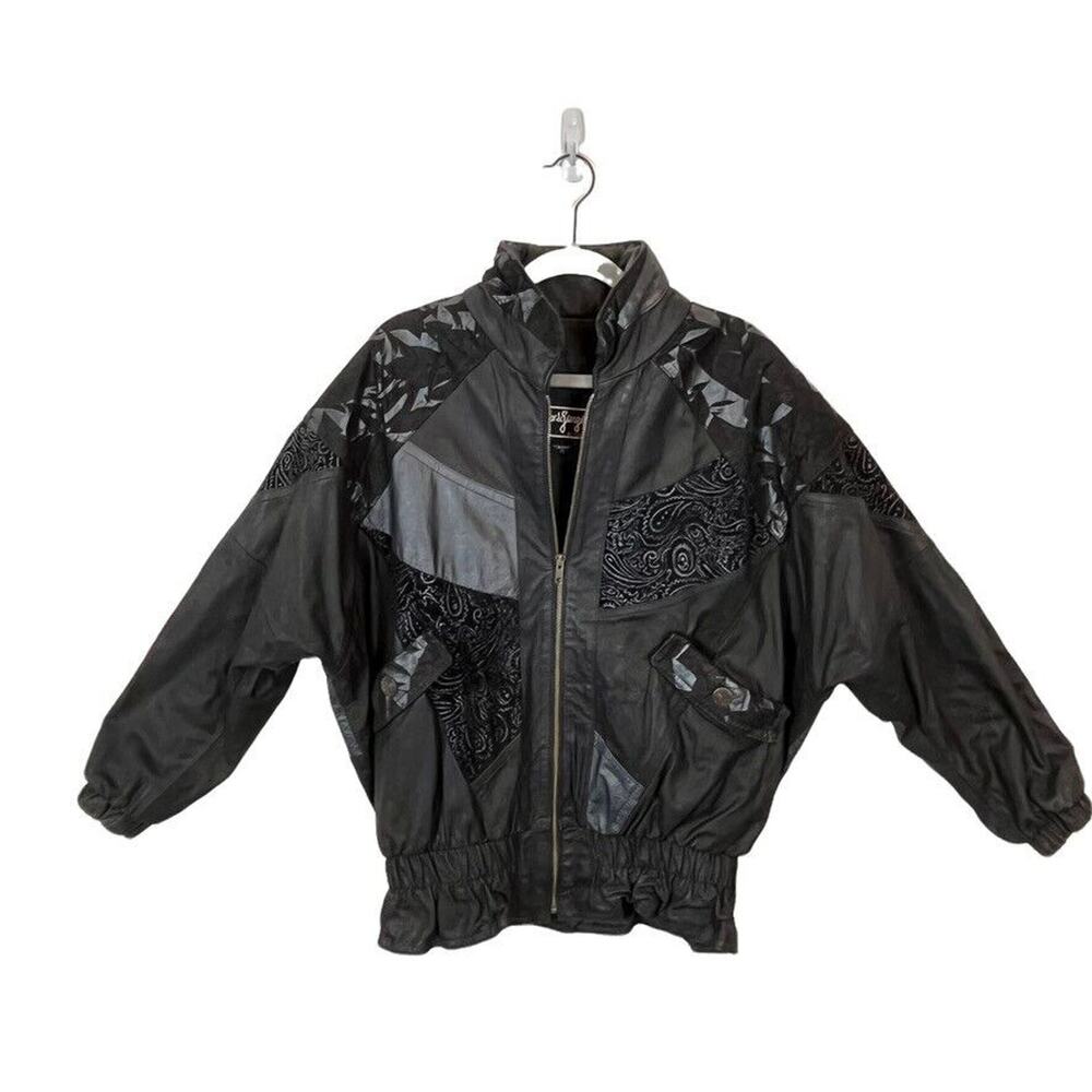 80s Patchwork Leather Jacket Black Oversized Women Size Medium Mixed Patterns